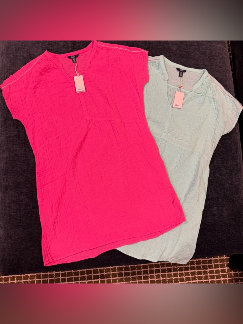 Hatley Women's Crinkle V-Neck Tunic Tops / Cover Ups - Hot Pink & Mint - Resort